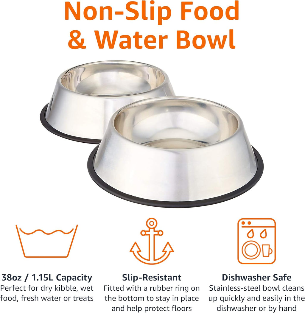 Stainless Steel Non-Skid Dog Water and Food Bowls, Dishwasher Safe, Rust Resistant, 38Oz Capacity, 10 X 2.8 Inches, 2-Pack