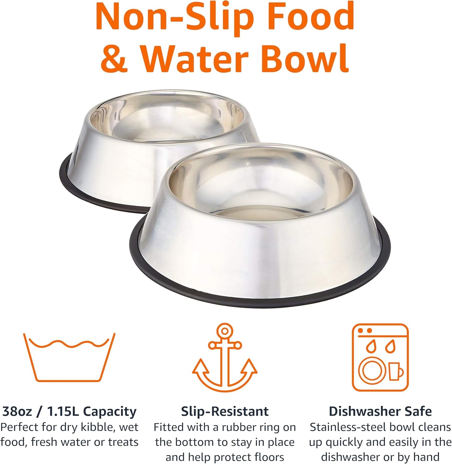 Stainless Steel Non-Skid Dog Water and Food Bowls, Dishwasher Safe, Rust Resistant, 38Oz Capacity, 10 X 2.8 Inches, 2-Pack