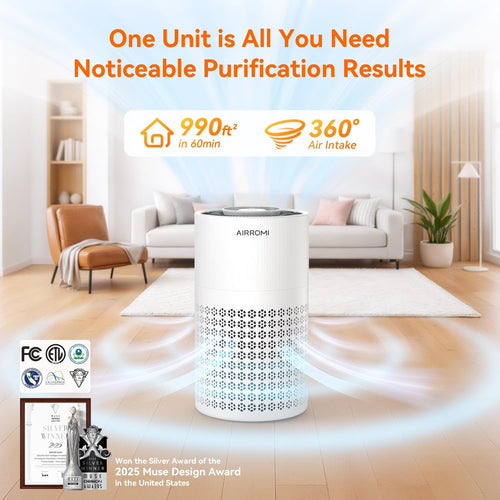 Air Purifier for Bedroom with HEPA 3-In-1 Filter, Pet Air Purifier for Home Cat Pee Smell, Covers Upto 990 Ft², Quiet 360° Intake Air Cleaner for Pet Hair,Allergies,Dust,Smoke A2001 White